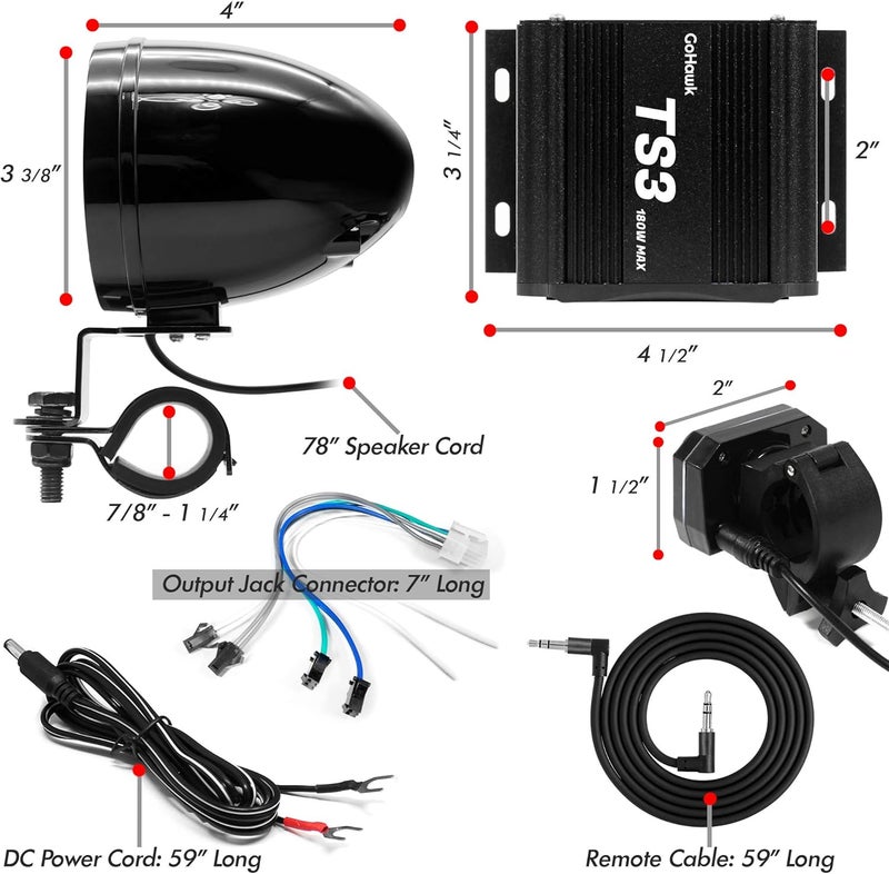 GoHawk Motorcycle Speakers Bluetooth, Waterproof Speakers and Amplifier Audio Sound System, Weatherproof, FM Radio, Volume Control, ATV UTV w/AUX in, USB, Micro SD - Image 5
